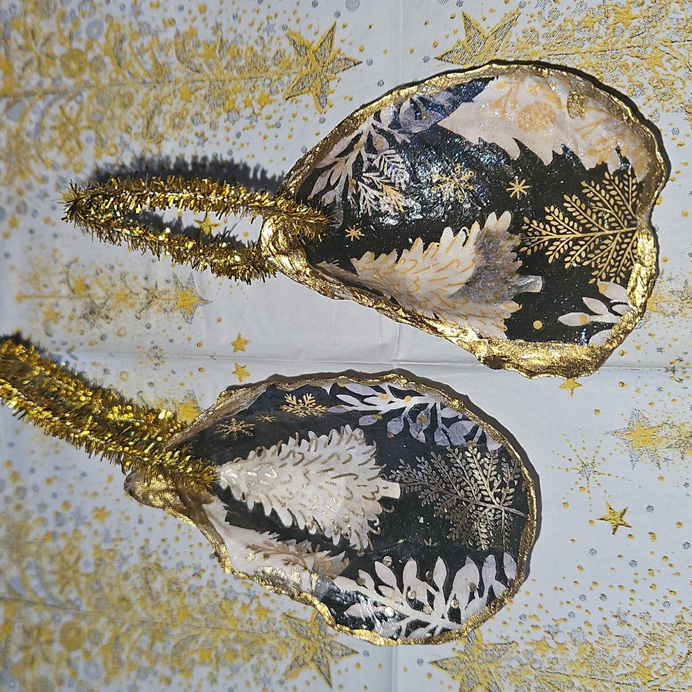 Hand Crafted Oyster Shell Ornaments with decopaged Tree Design.  Qty 2